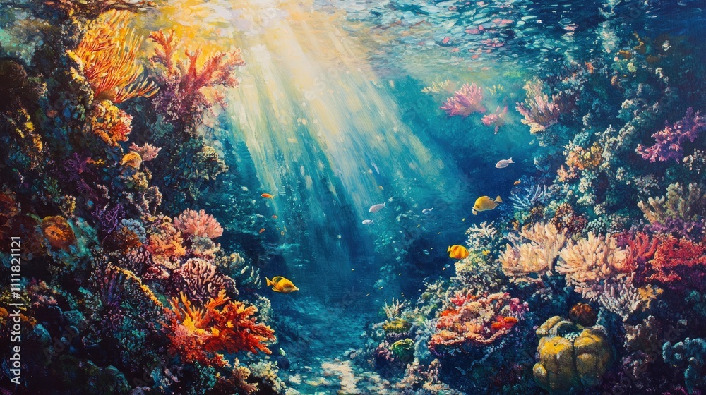 Fototapeta premium Sunlight streams through crystal-clear water, illuminating vibrant coral reefs teeming with colorful marine life