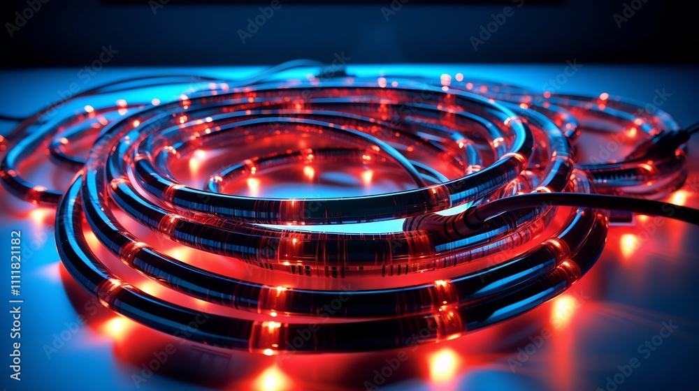 Coiled audio cables with glowing ends arranged in a visually appealing pattern on a clean reflective table surface  The minimalist modern setup creates a sleek and creative studio inspired scene