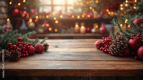 Elegant holiday table set for a festive food display surrounded by beautiful Christmas decorations and warm lights