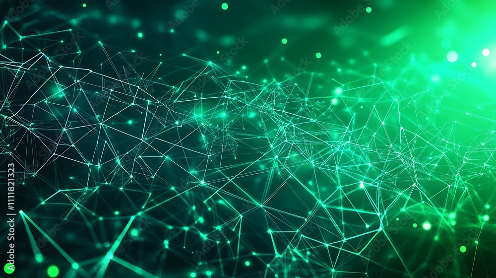 Abstract Green Digital Network Background with Glowing Connective Lines and Dots in Dark Space Abstract Green Digital Network Background with Glowing Connective Lines and Dots in Dark Space