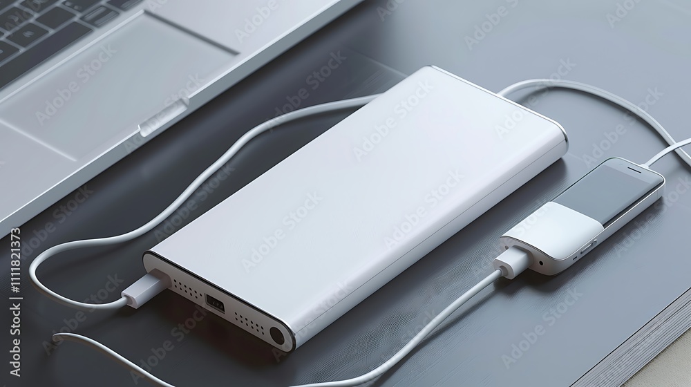 A white power bank is charging a smartphone on a desk, with a laptop visible in the background. A white power bank is charging a smartphone on a desk, with a laptop visible in the background.
