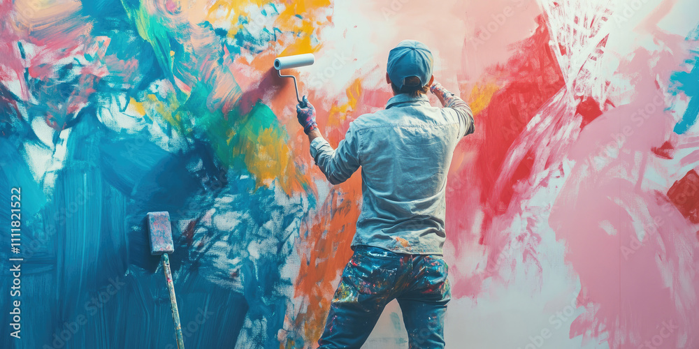 Master Painter Using a Roller to Paint a Wall, Skilled Painter at Work with a Paint Roller on the Wall Master Painter Using a Roller to Paint a Wall, Skilled Painter at Work with a Paint Roller on the Wall