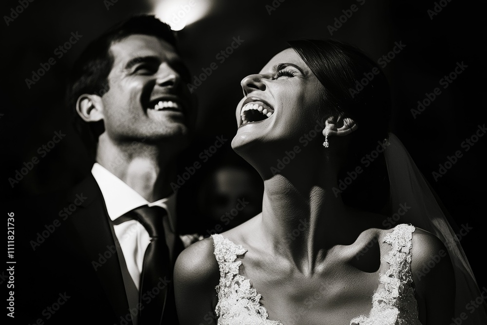 Joyful newlyweds laugh, black and white photo. Joyful newlyweds laugh, black and white photo.