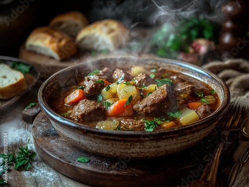 Steaming Bowl Of Hearty Beef Stew With Vegetables photo