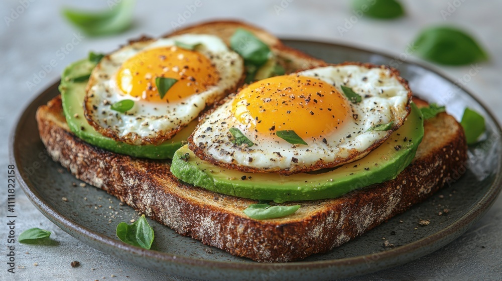 Delicious avocado toast topped with a perfectly fried egg and spices on a rustic plate Delicious avocado toast topped with a perfectly fried egg and spices on a rustic plate