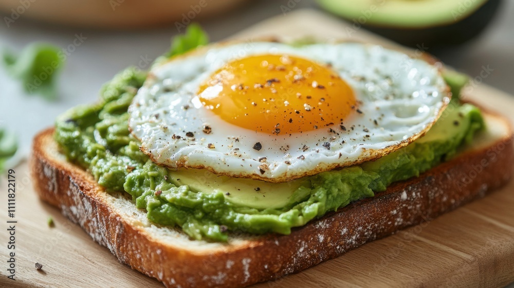 Delicious avocado toast topped with a perfectly fried egg and spices on a rustic plate Delicious avocado toast topped with a perfectly fried egg and spices on a rustic plate