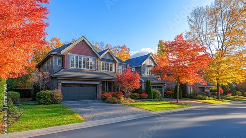 Bright colors of autumn surround a beautiful suburban house. The vibrant trees create a picturesque setting that captures the spirit of the season in a peaceful neighborhood.