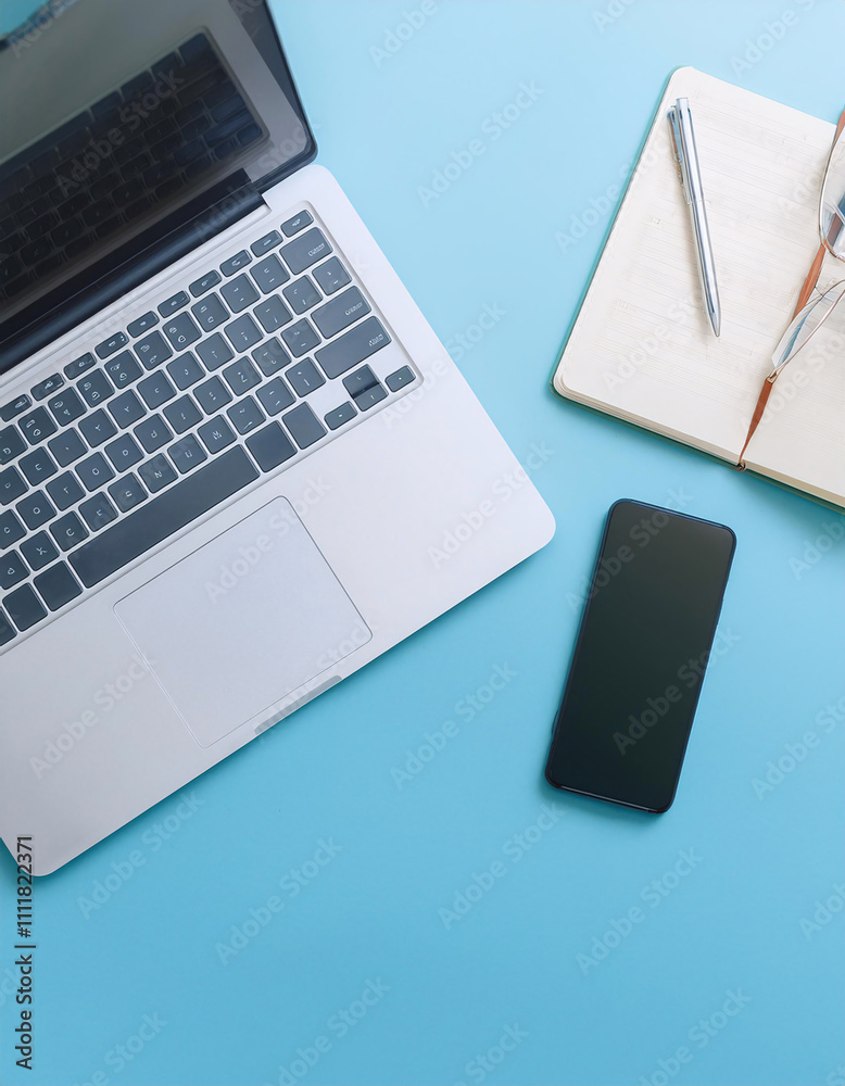A flat lay of a laptop, smartphone, pens, a notebook, and a potted plant on a blue background. Generative AI A flat lay of a laptop, smartphone, pens, a notebook, and a potted plant on a blue background. Generative AI