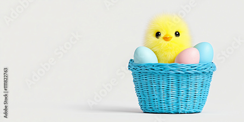 Adorable yellow chick in a bright blue wicker basket surrounded by pastel Easter eggs. Minimalistic and cheerful design with a clean white background, perfect for festive decorations or banners 