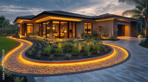 Luxurious contemporary houses with sleek design showcase warm LED lights outlining the driveway, enhancing evening beauty with vibrant illumination.