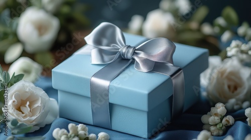 A beautifully wrapped gift box adorned with a silver bow sits on a rustic wooden tabletop. flowers and green foliage frame the delicate present, enhancing its elegance.