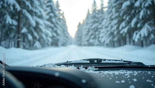 View from inside car on snowy forest road during winter