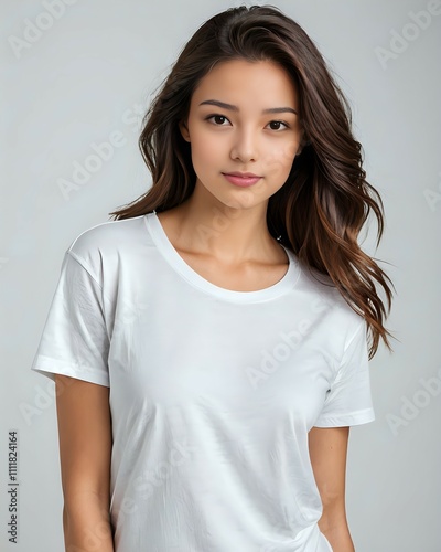 portrait of a beautiful female model wearing a white t-shirt with a white background