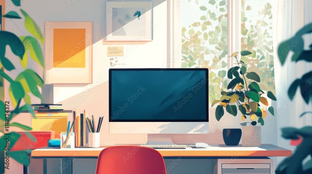 Clean and minimalist graphic design on screen, cozy workspace Clean and minimalist graphic design on screen, cozy workspace