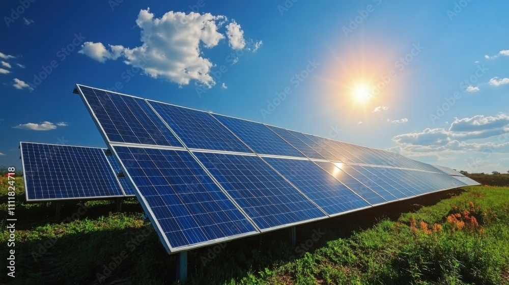 Power plant features solar panel array capturing sunlight, showcasing eco-friendly technology in renewable energy production against a clear blue sky. Power plant features solar panel array capturing sunlight, showcasing eco-friendly technology in renewable energy production against a clear blue sky.