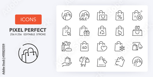 Line icons set about shopping bags. Contains such icons as sale, eco, click and collect, grocery and more. Editable vector stroke. 256x256 Pixel Perfect scalable to 128px, 64px...