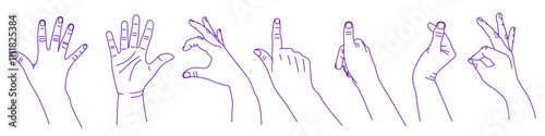Set of hand gestures in various positions. Straight open palm, finger pressing on something, heart sign, ok. Contour vector illustration. Index, middle, ring, little fingers and thumb