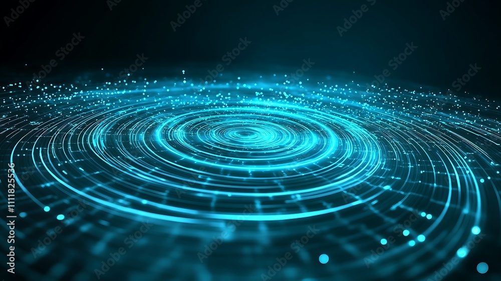 Blue Abstract Circular Pattern with Bright Particle Effects on Dark Background for Digital Art and Technology Themes