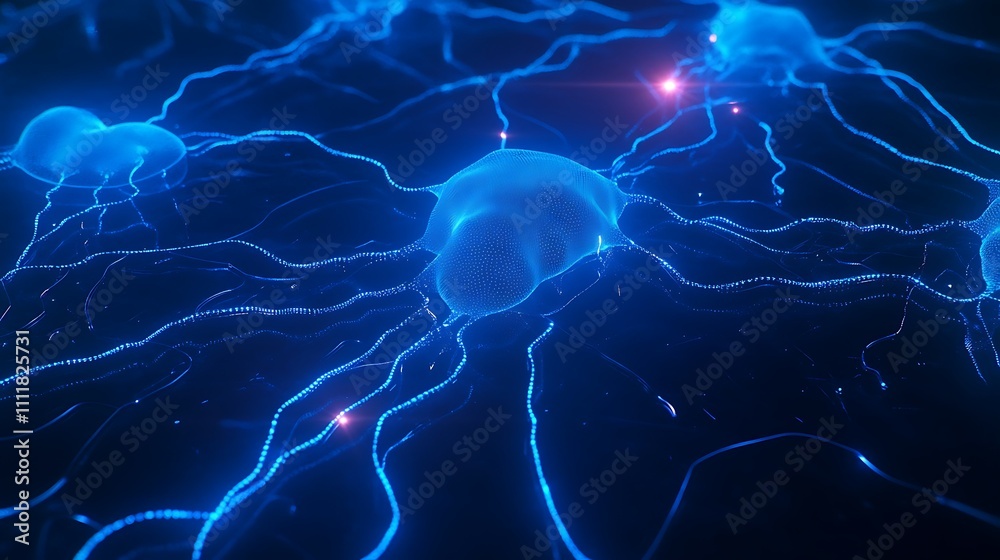 Obraz premium Blue Neon Jellyfish Floating in Dark Ocean with Glowing Tentacles and Bright Particle Effects