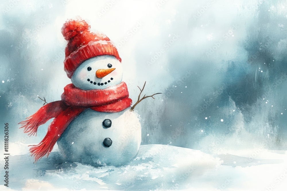 Cheerful Snowman Wearing Red Scarf on Soft White Background Cheerful Snowman Wearing Red Scarf on Soft White Background