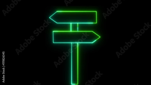Neon sign board icon animation. Road signpost. Neon glowing Directional Road Sign icon isolated on black background.
