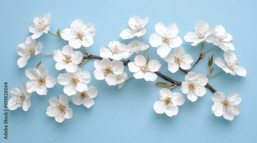 Fototapeta premium Beautiful white cherry blossoms against a blue background