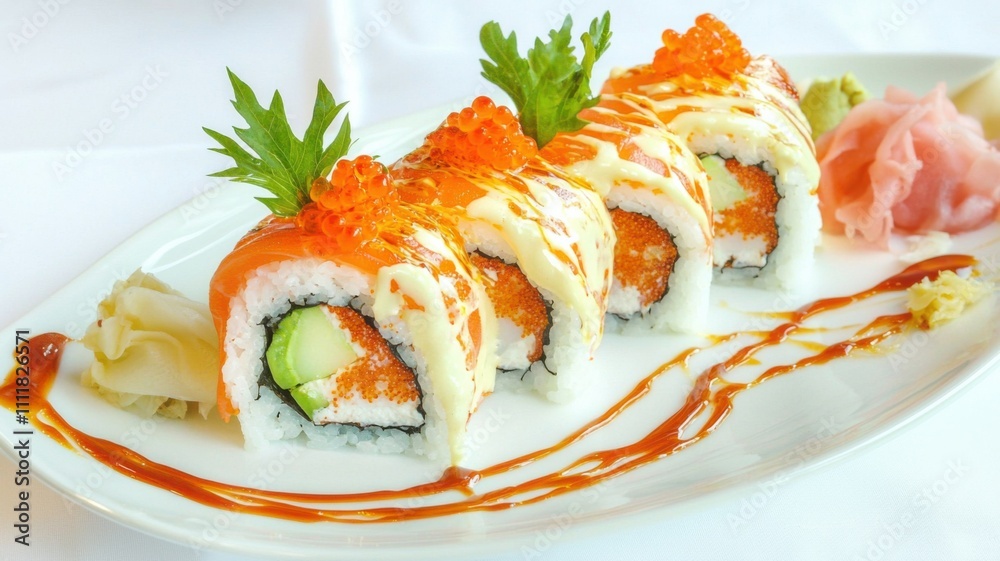 Sushi delight exquisite salmon rolls restaurant setting food presentation elegant ambiance close-up view culinary art Sushi delight exquisite salmon rolls restaurant setting food presentation elegant ambiance close-up view culinary art