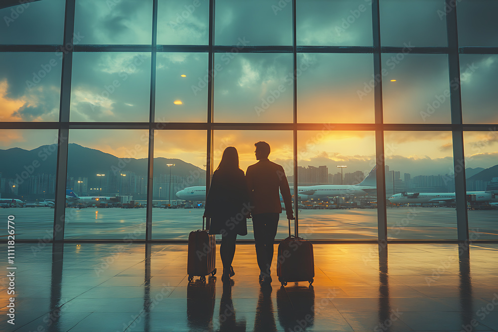 Asian couple at the airport, holding hands and pulling luggage, smiling at each other, with planes visible through large windows, capturing the joy of travel Asian couple at the airport, holding hands and pulling luggage, smiling at each other, with planes visible through large windows, capturing the joy of travel