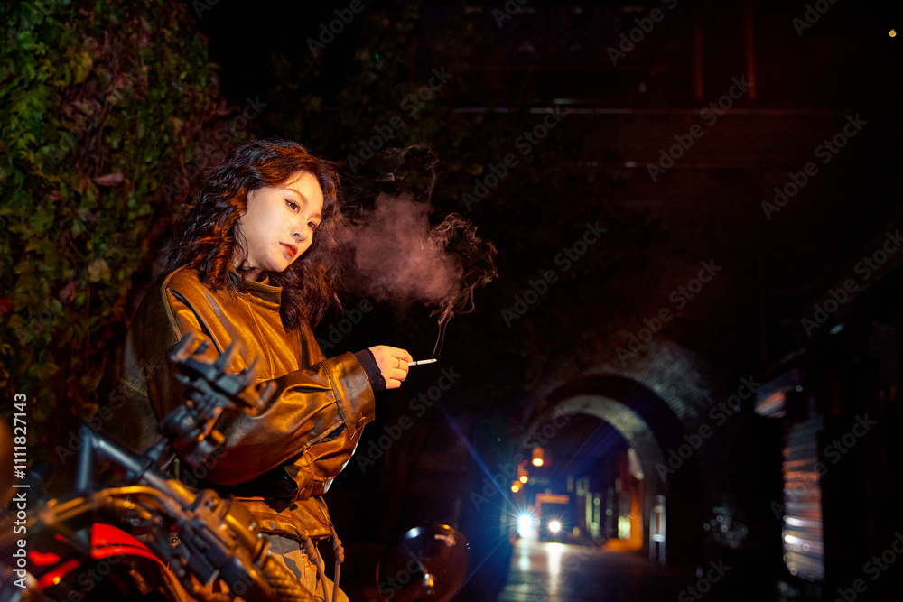 Depressed Asian woman under the street lights at night Depressed Asian woman under the street lights at night