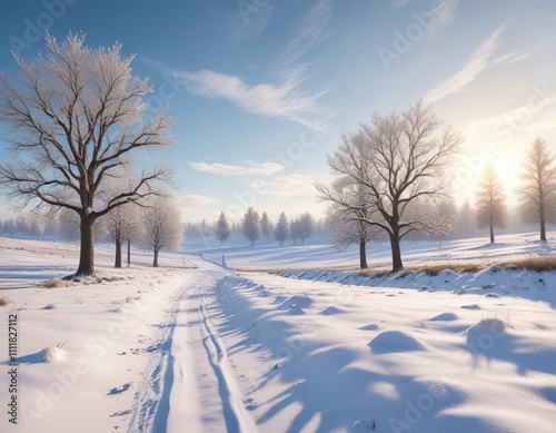 Snow-covered fields with a sunny sky and a few scattered trees, serene scenery, fields, whiteout