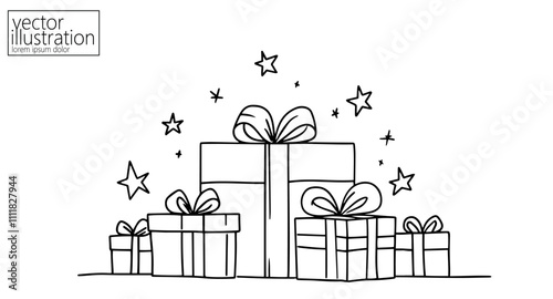  One continuous line art gift ribbon. Birthday present minimalist isolated sketch ink drawing. Celebration party surprise greeting card vector illustration