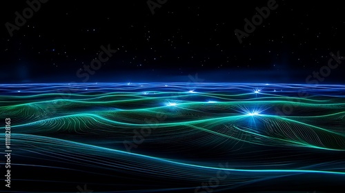 Ethereal Blue and Green Waves with Sparkling Stars in Deep Space Atmosphere at Nighttime