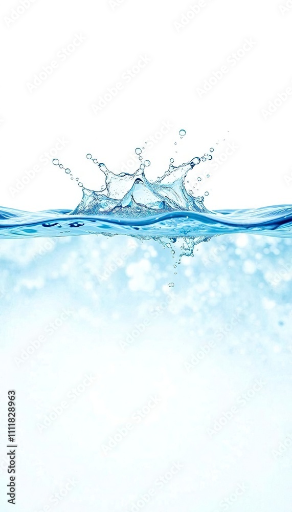 A clean blue water scene with splashes of bubble water and ripples on a white background, distorted, abstract A clean blue water scene with splashes of bubble water and ripples on a white background, distorted, abstract