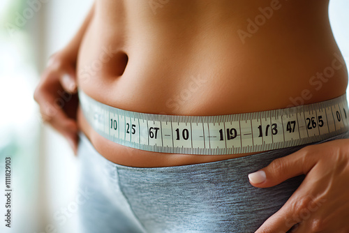 Medical close-up of a person’s stomach with a measuring tape highlighting health metrics, emphasizing weight loss and obesity awareness. 