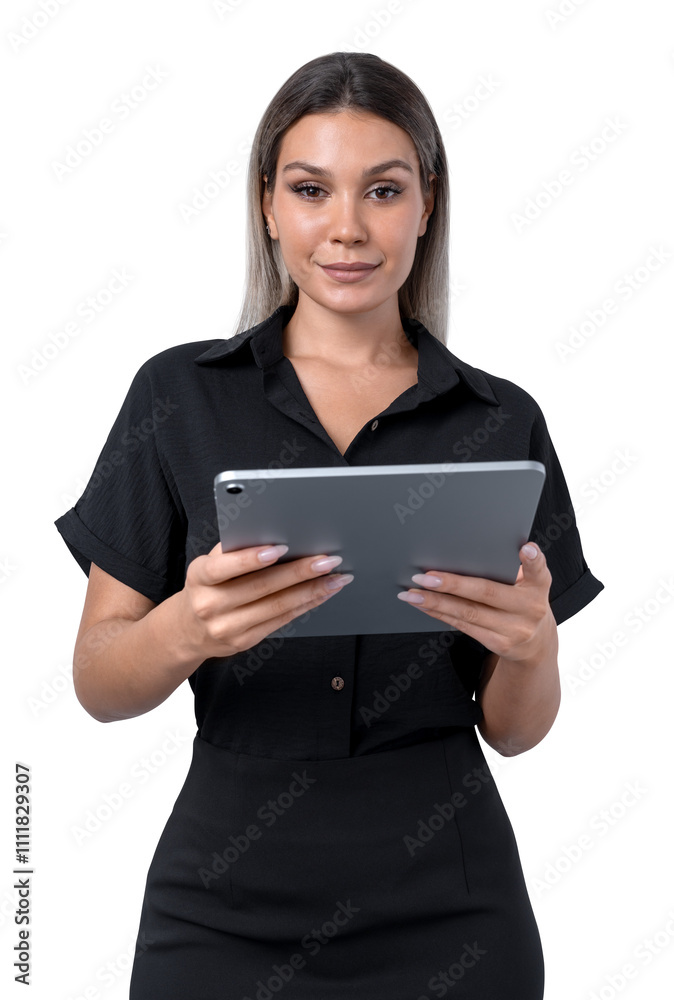 Professional woman holding a tablet, wearing ashirt, isolated on a white background. Concept of technology, business, and communication