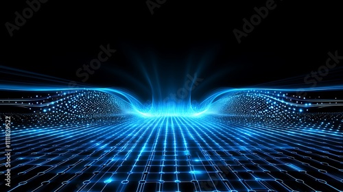 Futuristic Abstract Background with Waves of Light and Grid Pattern in Blue Color on Black Background