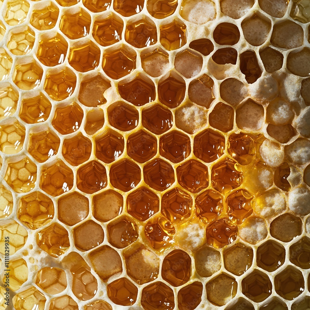 A striking macro shot of a honeycomb filled with golden honey, showcasing the perfect hexagonal patterns and the rich colors, evoking feelings of sweetness and luxury for an upscale audience. Product A striking macro shot of a honeycomb filled with golden honey, showcasing the perfect hexagonal patterns and the rich colors, evoking feelings of sweetness and luxury for an upscale audience. Product