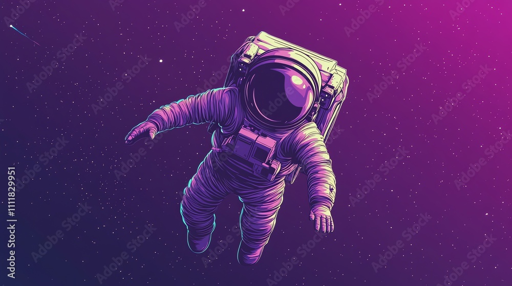 An astronaut floats in a purple, starry space.