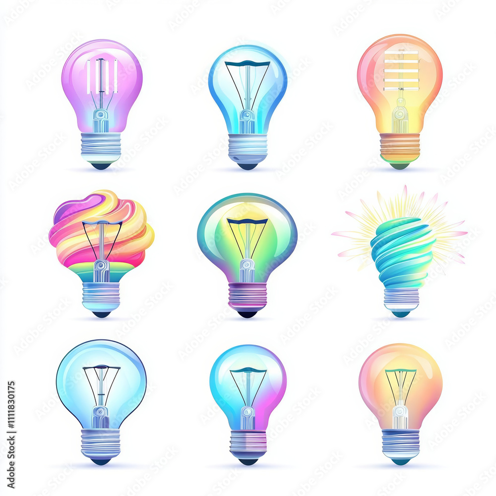 Custom bulb designs. Futuristic light bulb collection featuring colorful designs and unique shapes. Each bulb showcases different artistic style, creating vibrant and imaginative display Custom bulb designs. Futuristic light bulb collection featuring colorful designs and unique shapes. Each bulb showcases different artistic style, creating vibrant and imaginative display