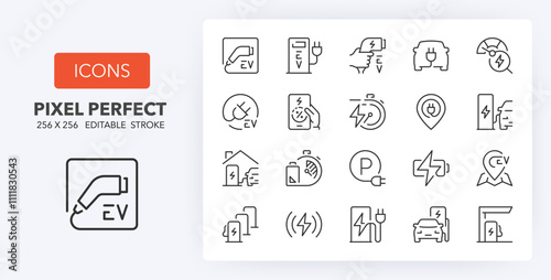EV charging stations. Outline symbol collection. Editable vector stroke. 256x256 Pixel Perfect scalable to 128px, 64px...