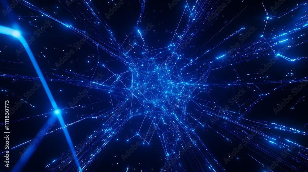 Fototapeta premium Futuristic Abstract Digital Network with Glowing Blue Particles and Light Trails in a Dark Space Environment