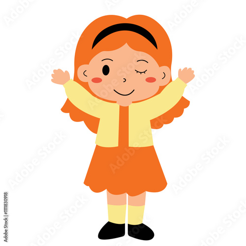 Happy girl with orange hair raising arms joyfully. Suitable for happiness, celebration, energy, positivity, and lifestyle concepts in marketing materials