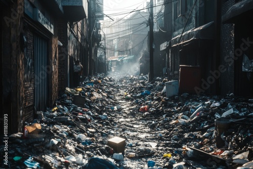 Trash-filled alleyway between dilapidated buildings.