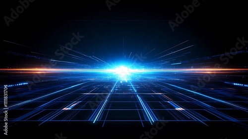 Futuristic Abstract Light Rays Burst with Digital Grid Pattern in Dark Space Background for Technology Concept