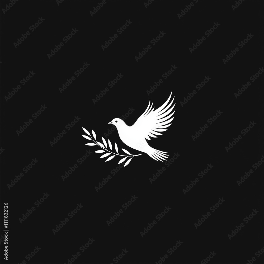 Fototapeta premium White dove with olive branch on black background