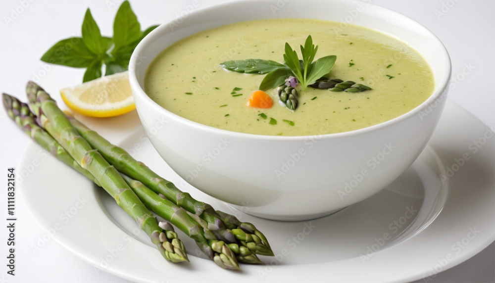 A starter of green and creamy asparagus soup in restaurant Veggie soup made with vegetables for guests A starter of green and creamy asparagus soup in restaurant Veggie soup made with vegetables for guests