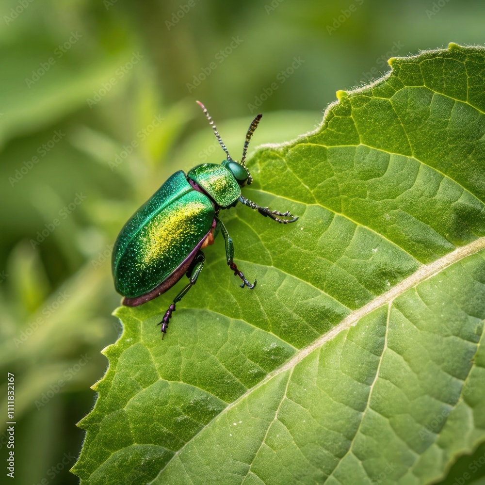 Naklejka premium Green Beetle on Leaf in a Natural Outdoor Setting