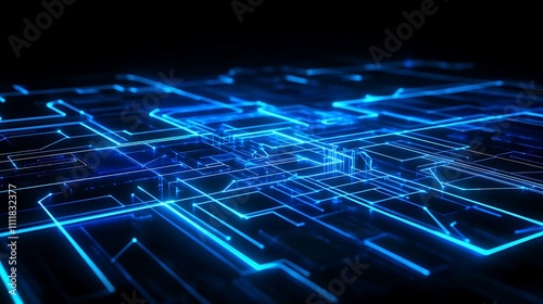 Futuristic Abstract Technology Background with Glowing Blue Lines and Circuit Patterns in Dark Environment