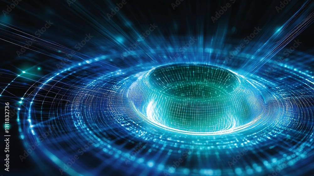 Obraz premium Futuristic Abstract Visual of a Circular Energy Portal with Luminous Rays and Digital Patterns