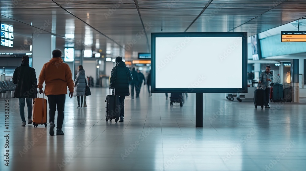 Fototapeta premium Blank billboard at an airport surrounded by passengers with luggage. AI generated image